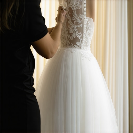 Professional wedding gown cleaning process Close-up of gown cleaning expert with delicate gown