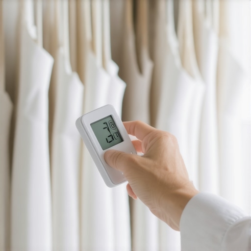 A person checking humidity levels in a closet with wedding dresses using a digital monitor.