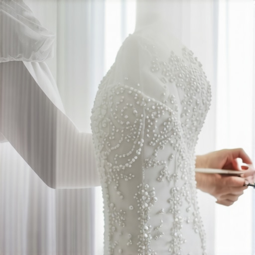 Professional cleaner carefully handling a beaded wedding gown with gentle techniques.