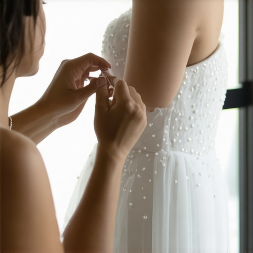 Close-up of a bride's wedding gown with detailed beadwork being carefully cleaned with a soft brush