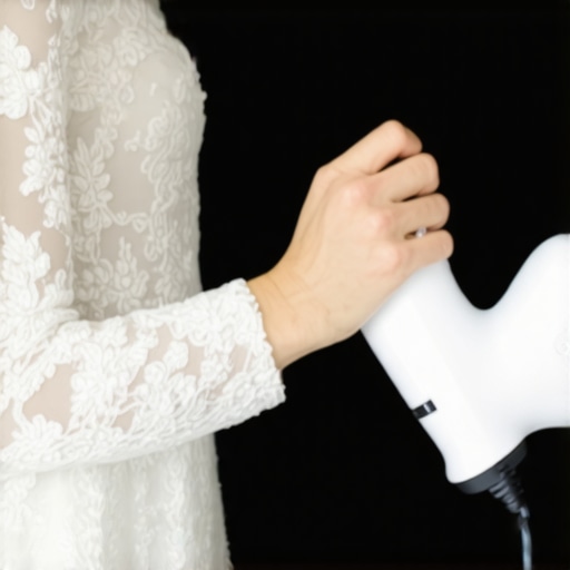 Person steaming wedding dress lace to remove wrinkles