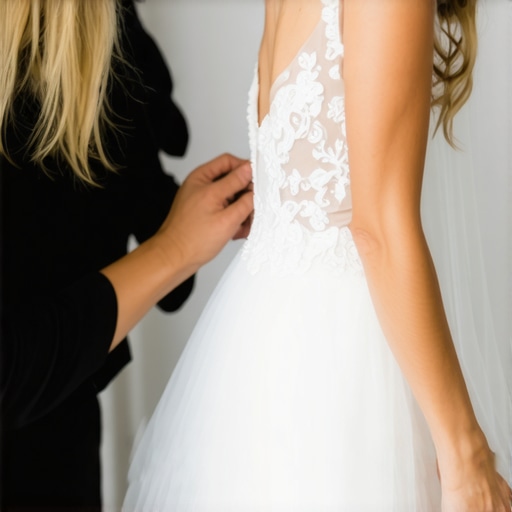 A professional pressing a silk wedding gown with a steamer to prevent shine and fabric damage.