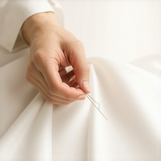 A close-up of a hand carefully sewing a silk wedding dress with a fine needle and thread.