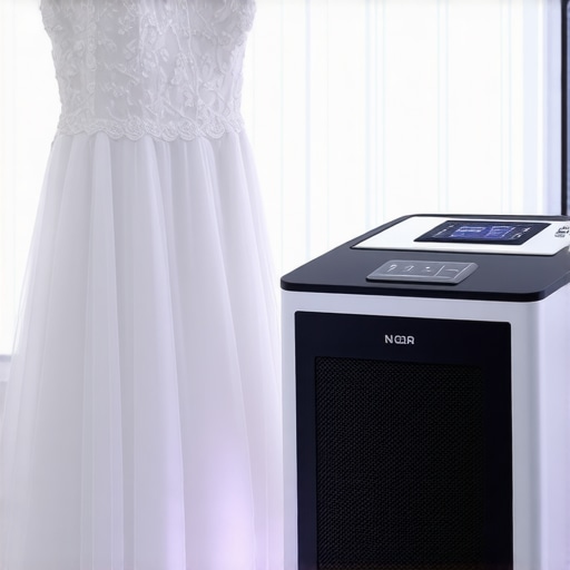 A professional wedding gown cleaning ultrasonic device in action, showcasing delicate fabric treatment