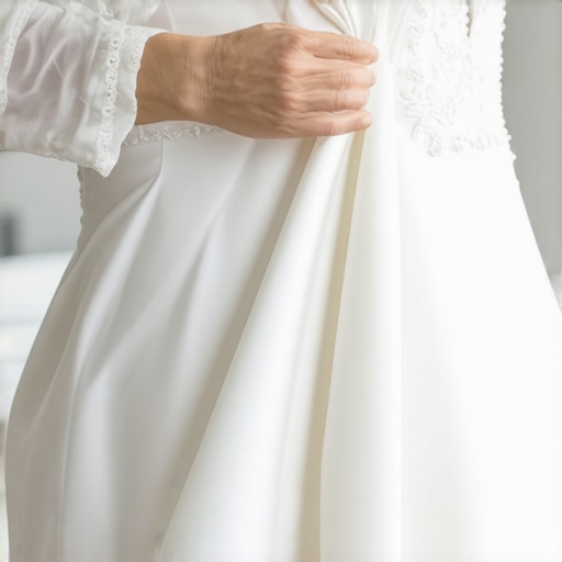 Close-up of a professional cleaning expert carefully cleaning a wedding gown fabric.