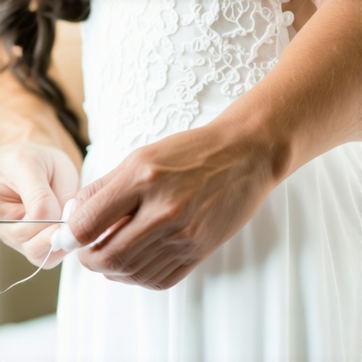 A seamstress hand sewing a delicate wedding gown to fix a tear