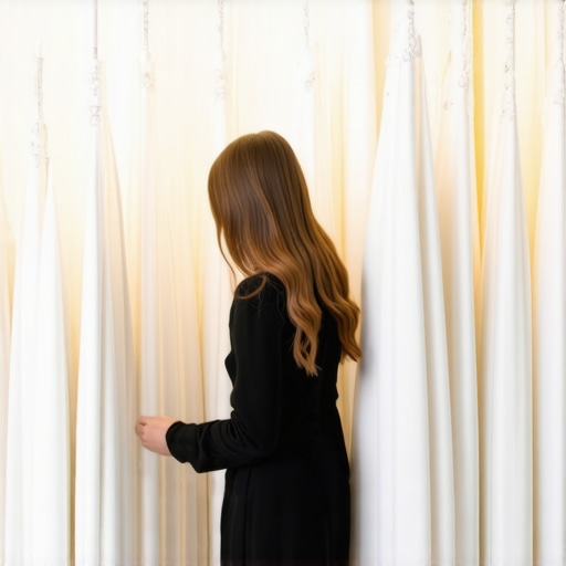 A professional bridal cleaner inspecting a vintage wedding gown in a well-equipped bridal shop.