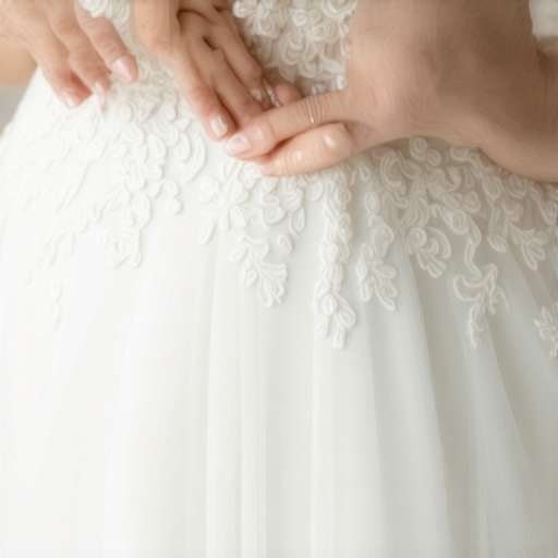 A bride's wedding dress hem is being softly brushed with a delicate brush to remove mud