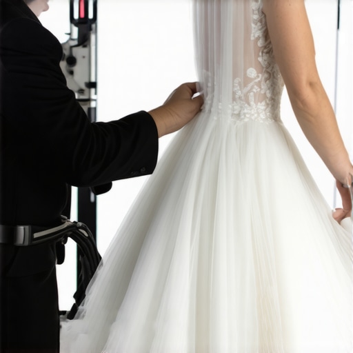 A professional cleaner gently operating an ultrasonic cleaning machine on a vintage wedding dress in Tampa