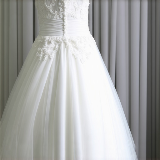 A bride's wedding gown being delicately cleaned with ultrasonic equipment in a workroom for preservation