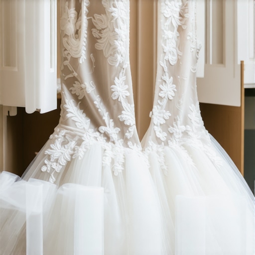 Close-up of a wedding gown stored with archival tissue paper in an acid-free box